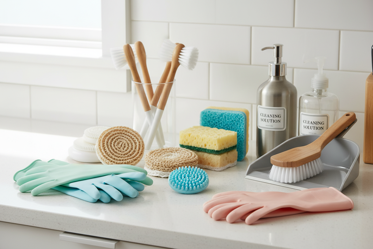 A modern home cleaning accessories collection display, featuring silicone cleaning gloves, scrubbers, sponges, cleaning brushes, and household cleaning tools arranged neatly on a clean kitchen countertop, bright lighting, minimal background, professional product photography, realistic, e-commerce style
