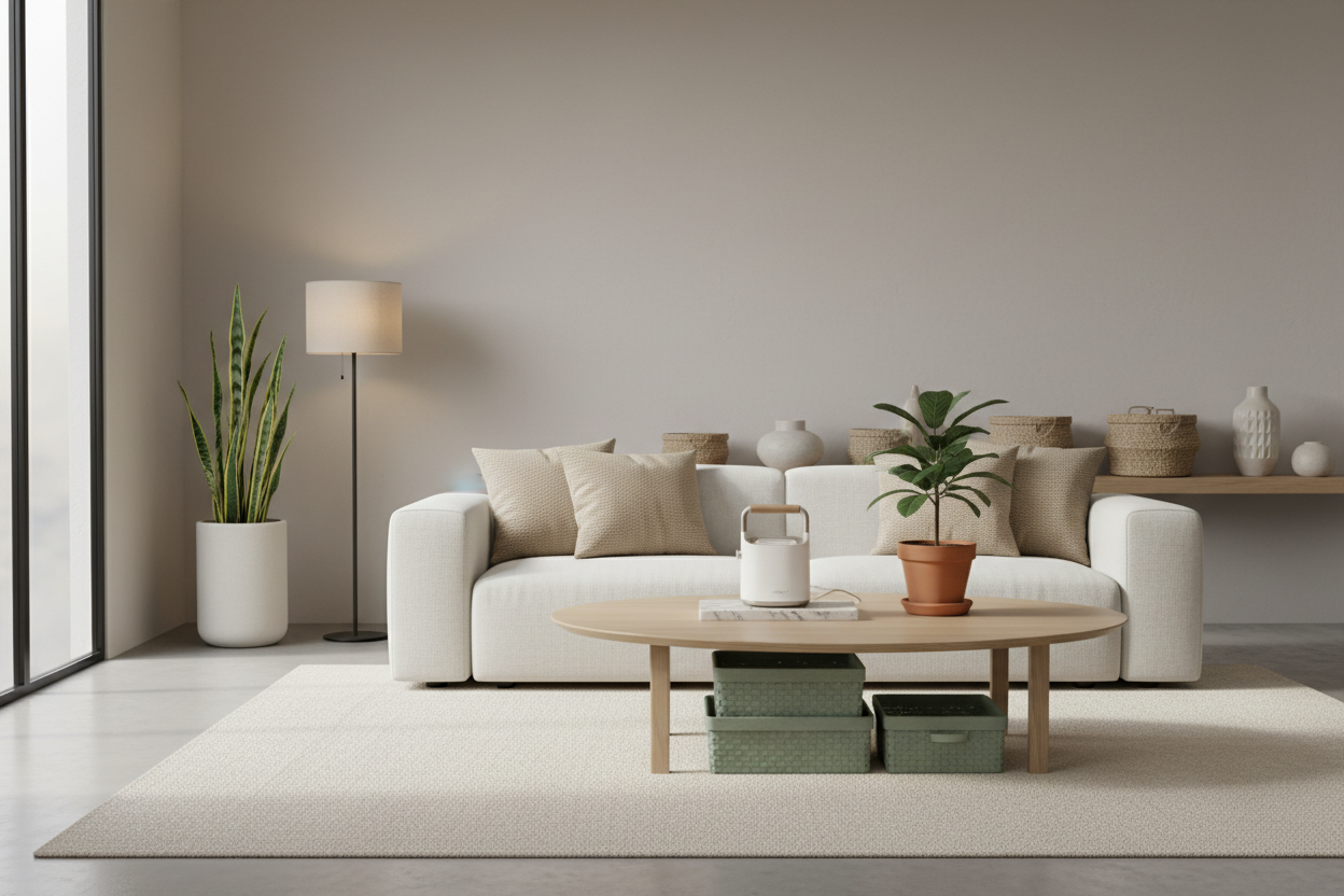 A modern, minimal home interior showcasing stylish home accessories. Include items like a portable garment steamer, storage organizers, decorative trays, soft lighting, indoor plants, and clean furniture. Bright natural light, neutral colors (beige, white, soft green), premium lifestyle aesthetic, realistic product styling, clutter-free background, high-resolution, professional eCommerce photography, wide angle, soft shadows.