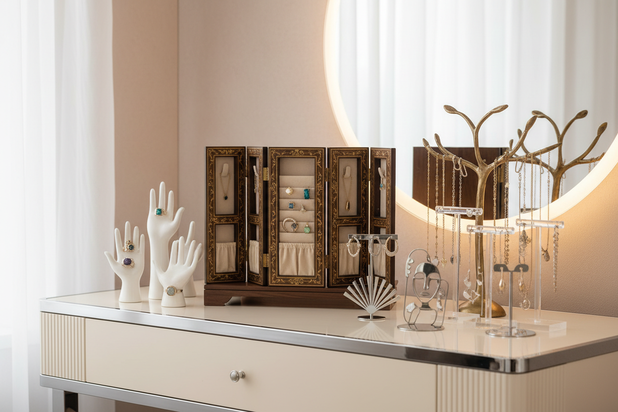 An elegant jewelry storage and organizers collection display featuring folding screen jewelry boxes, ring holders, necklace organizers, and earring stands arranged on a modern vanity table, soft lighting, neutral background, luxury aesthetic, professional product photography, realistic, e-commerce style