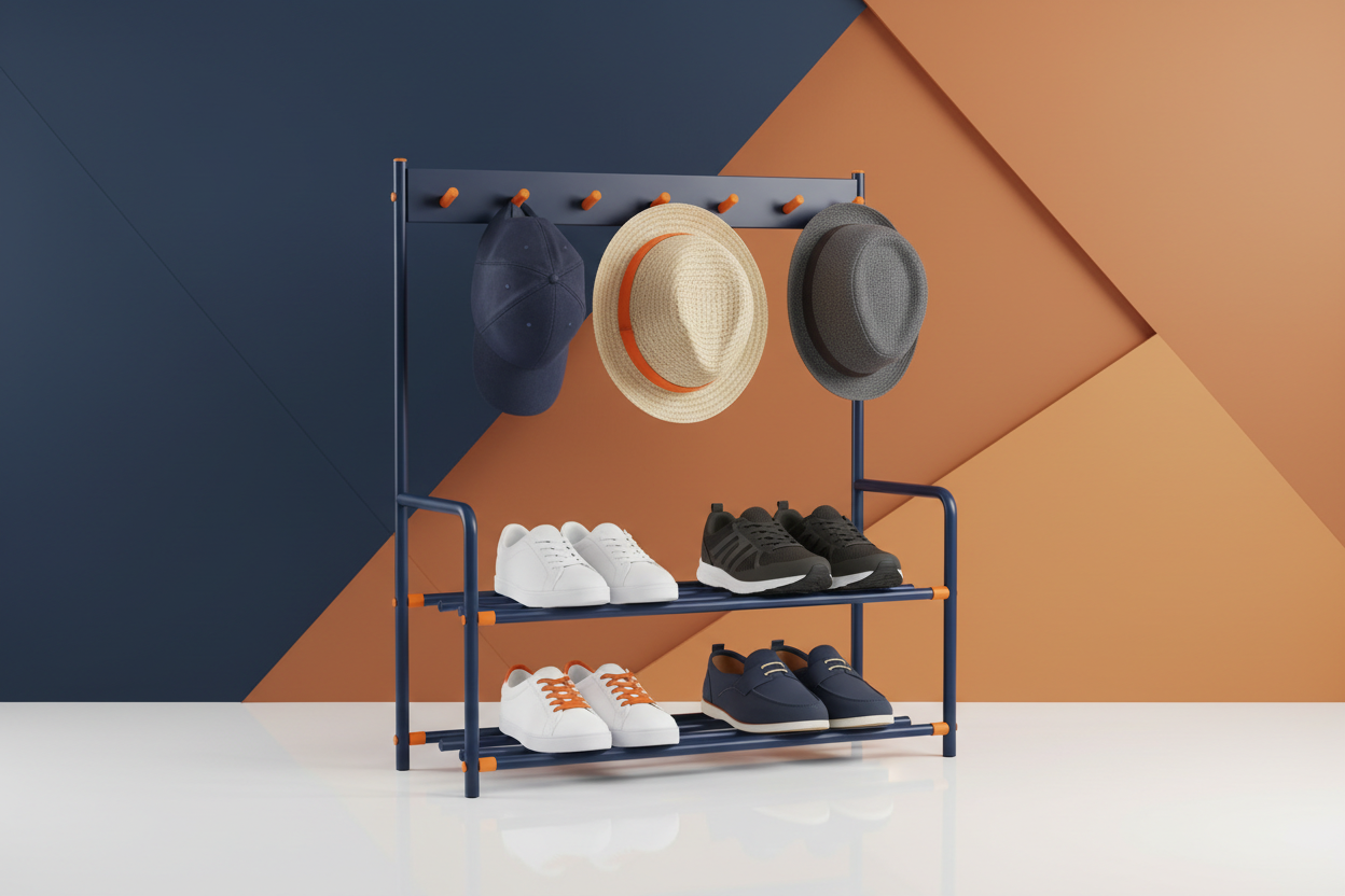 Generate a image for  product "Multi-functional Shoe & Hat Rack" colors should be use navy blue and orange in image