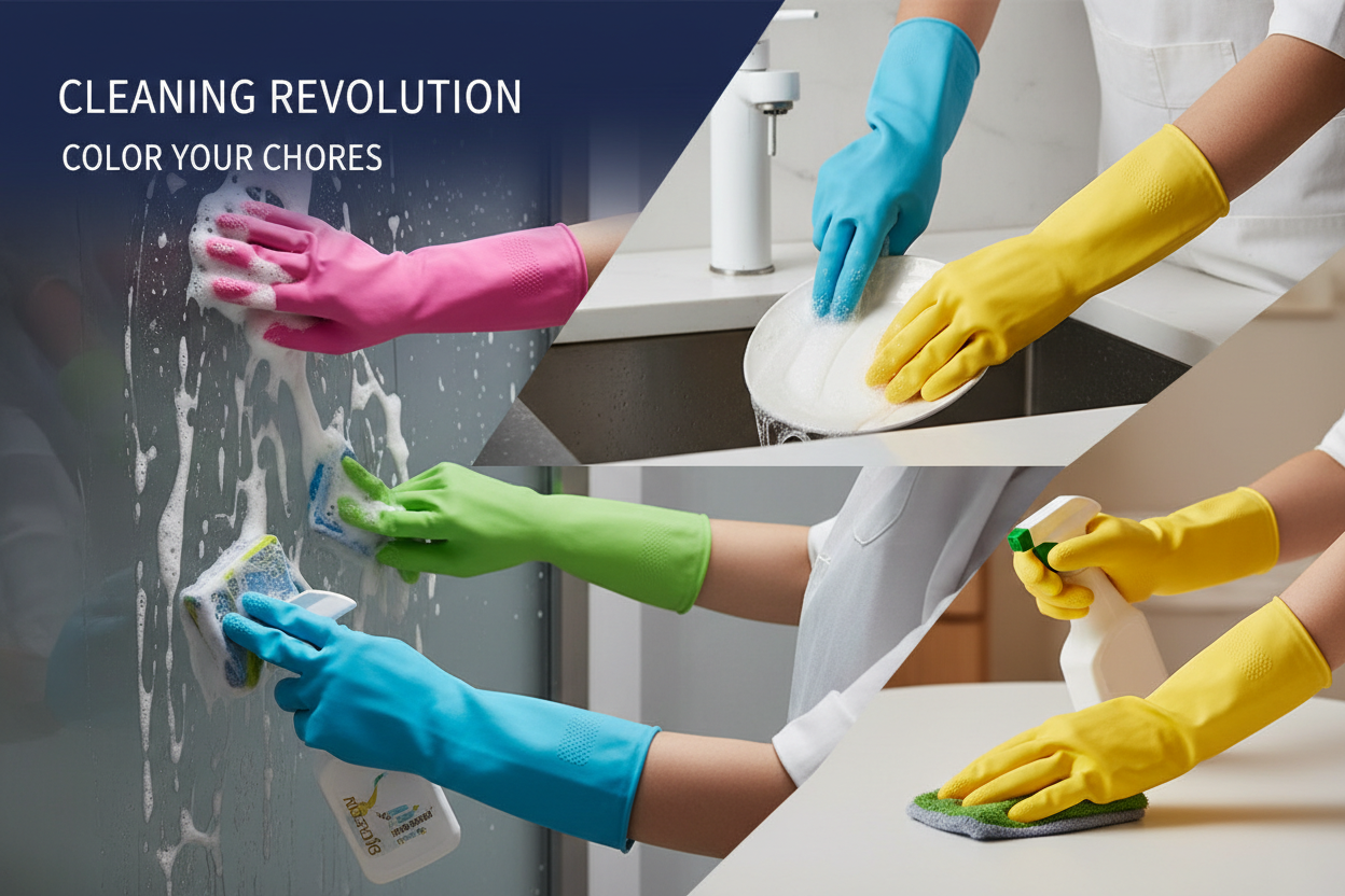 i want to show product on this banner is "silicone cleaning gloves" for multi users and colors should be use in background and for text is "navy blue and orange"