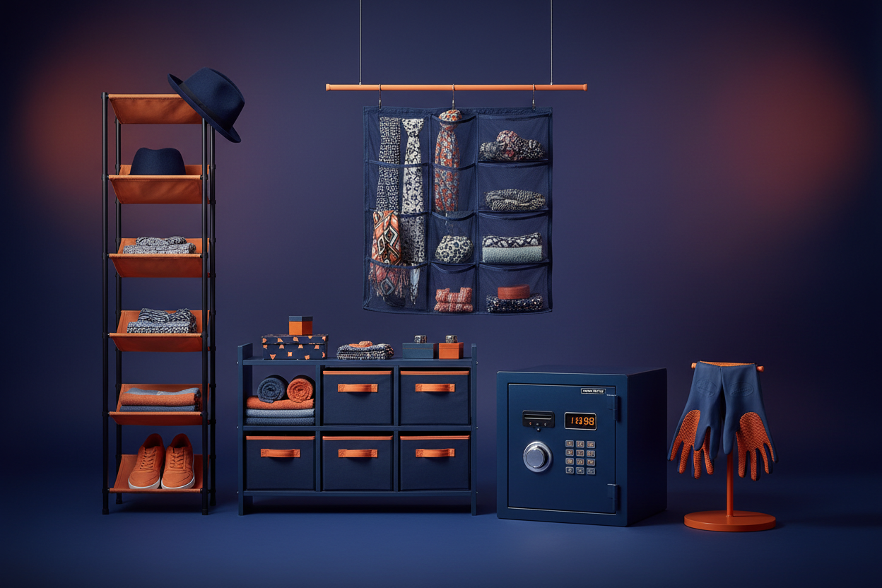 make a video for product "Number Bank Coin & Bill Safe,Multi-functional Shoe & Hat Rack,Multifunctional Storage Rack (6-Tier),Hanging Storage Rack, Silicone Cleaning Gloves" and color must be use of navy blue and orange and do not write any text on it 
